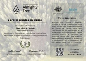 Certificat de plantation de 2 arbres par l'agence immobilière Désormière & Vanhalst délivré par Almighty Tree