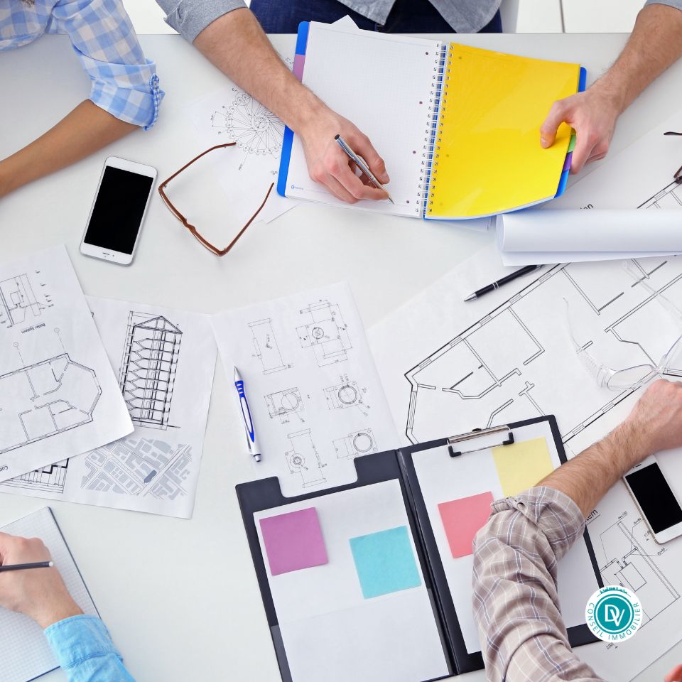 Séance de travail de l'agence immobilière Désormière et Vanhalst avec architecte, géomètre et autres partenaires du projet neuf